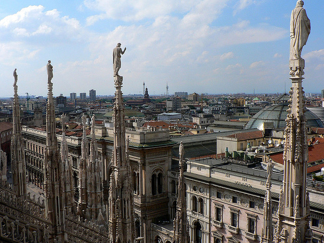 by everythingstops on Flickr.Panoramic view over Milan from the top of the Dome.
