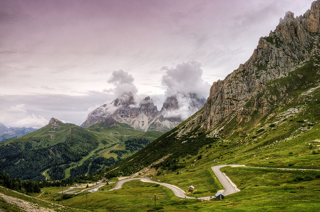 Pordoi Pass at 2239m, the highest surfaced road traversing a pass in the Dolomites, Italy