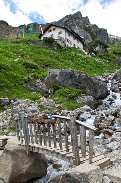 Arriving at Muttenkopf hut near Imst, Tirol, Austria