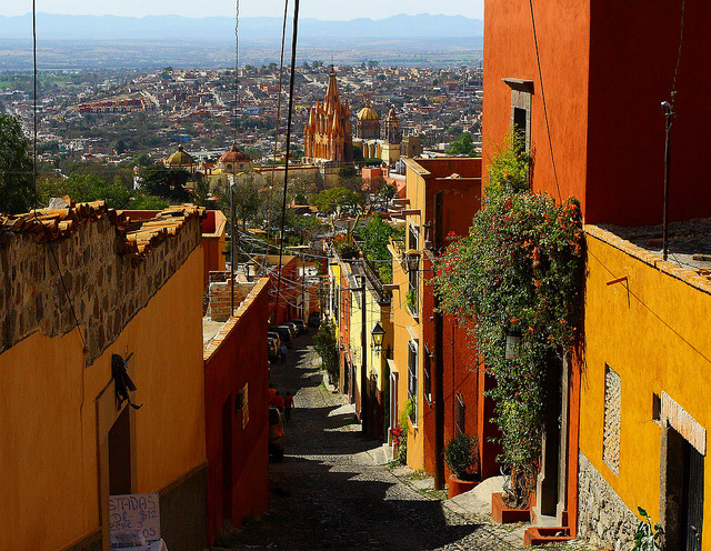 Steep hillside streets in San Miguel de Allende, Guanajuato, Mexico