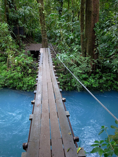 Bridge crossing Rio Celeste in Tenorio Volcano National Park, Costa Rica