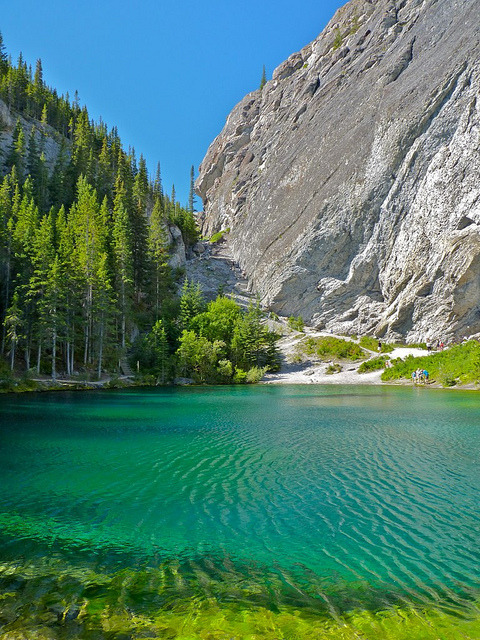 The emerald colours of Grassi Lakes in Canmore, Alberta, Canada