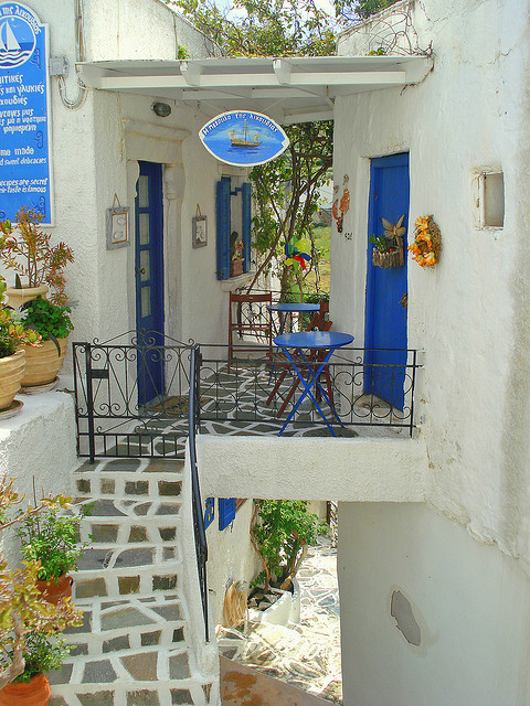 Small picturesque terrace in Lefkes, Paros Island, Greece