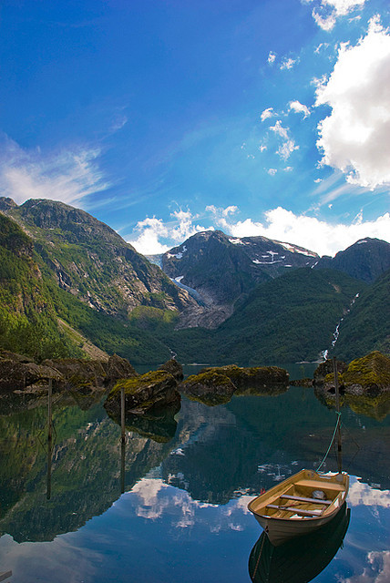 Reflections in Bondhus Lake in Kvinnherad, Norway