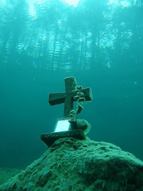 Underwater cross at Sameranger Lake in Tyrol, Austria
