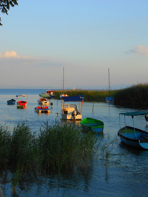 Small boats on the shores of Ohrid Lake in Macedonia