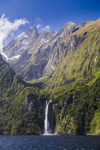 Beautiful waterfalls of Milford Sound in Fiordland, New Zealand